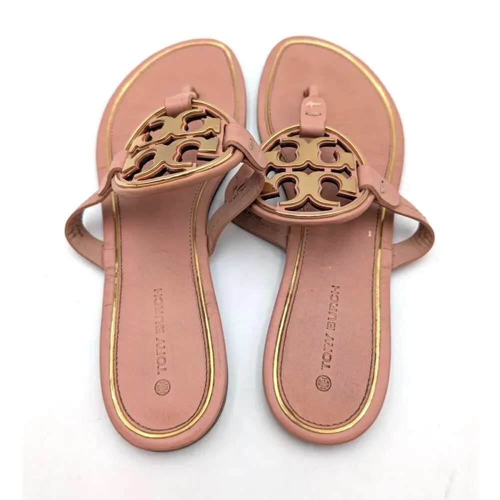 Tory Burch Miller Soft Metal Logo Thong Sandal Light Sand Size US9M EU39.5